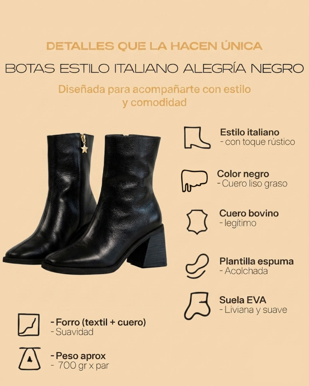 Botín Alegría Negro con Estilo Clásico Italiano