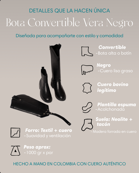 Bota Convertible Vera Negro | Botas caña larga de cuero