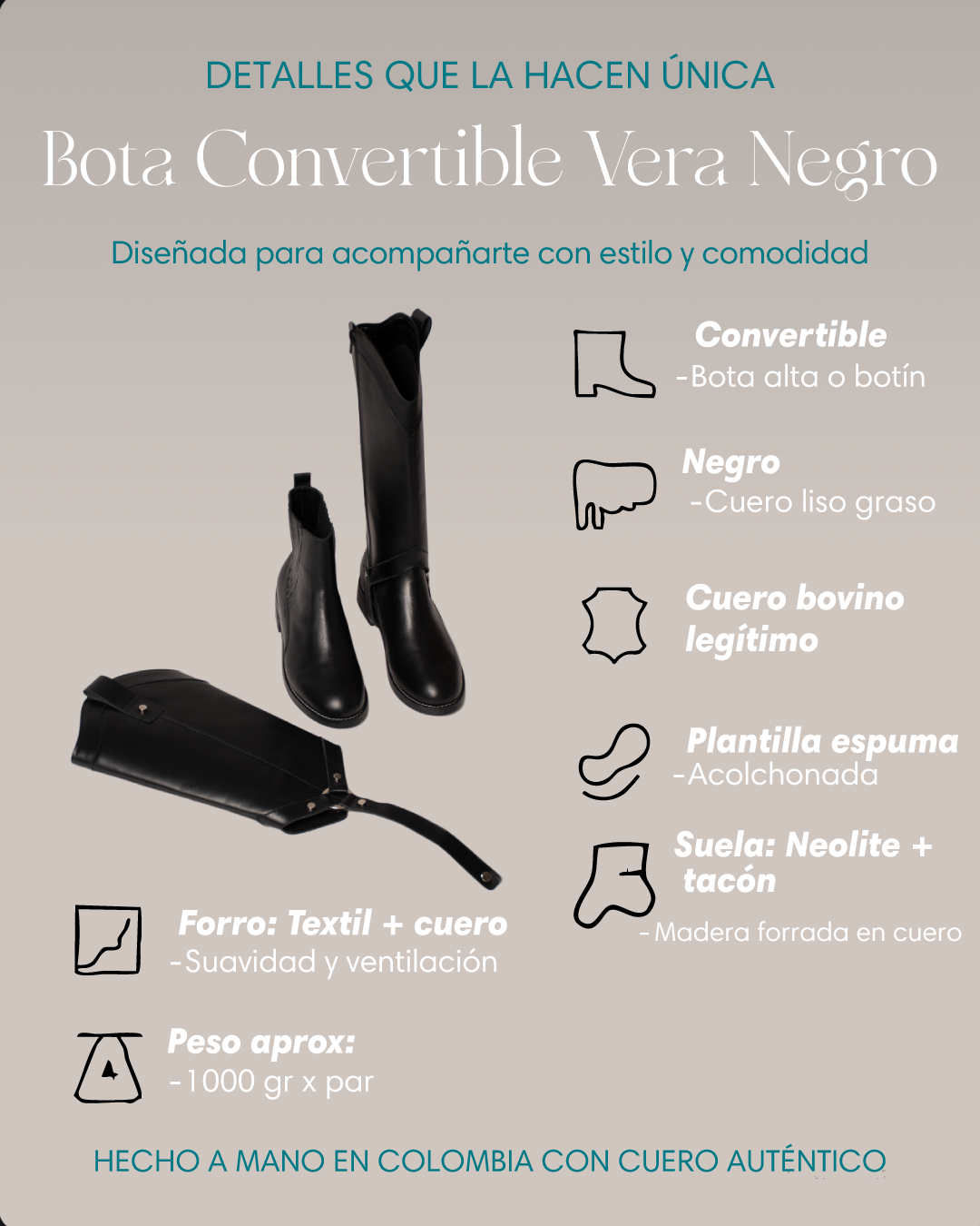 Bota Convertible Vera Negro | Botas caña larga de cuero